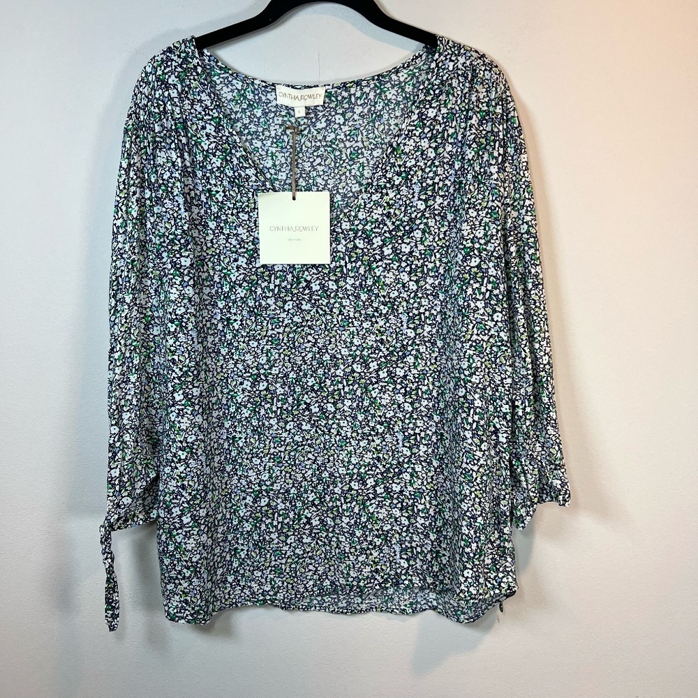 Cynthia Rowley Boho Blouse Shirt Blue Green Ditsy Floral Tie Sleeve NEW Sz Large